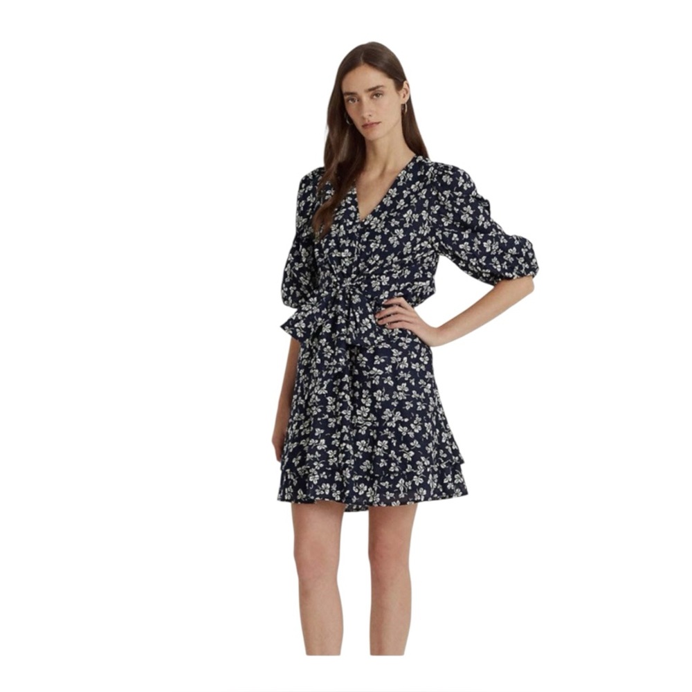 Lauren Ralph Lauren Black Label Balloon Sleeves Floral Tie Front Dress Classic